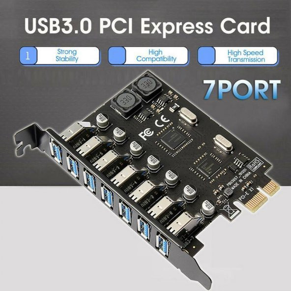 PrimeX PX-4899 7 Port USB Hub, PCI Expres USB3.0 Kart 7 Port Çoklayıcı, PCI ex USB3.0 Çoklayıcı Kart (Win7/8/10/11, Linux, MacOs) - 7