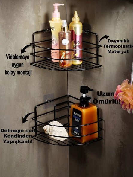 SAS Ömür Boyu Paslanmaz Yapışkanlı Banyo Köşeliği Düzenleyici Şampuanlık Duş Rafı 2 Adet Siyah - Resim 2