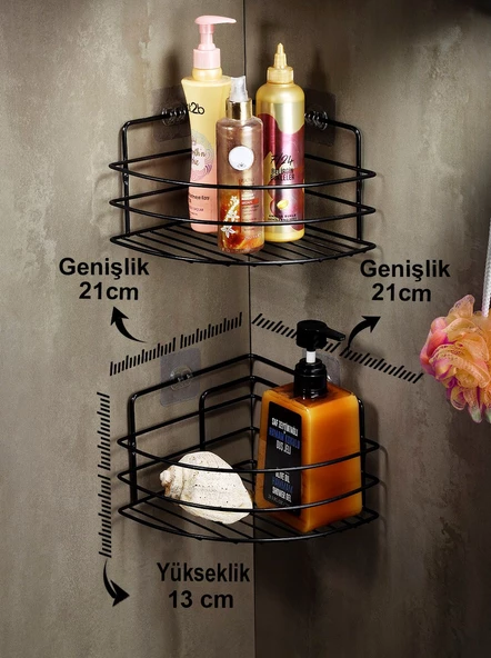 SAS Ömür Boyu Paslanmaz Yapışkanlı Banyo Köşeliği Düzenleyici Şampuanlık Duş Rafı 2 Adet Siyah - Resim 3