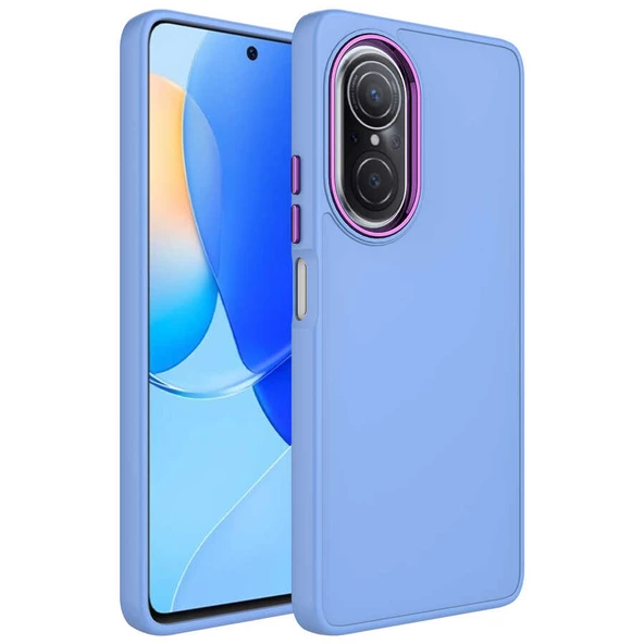 Huawei Nova 9 SE Kılıf Metal Çerçeve ve Buton Tasarımlı Silikon Zore Luna Kapak Lyon Tech  Lila