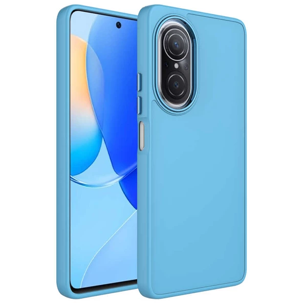 Huawei Nova 9 SE Kılıf Metal Çerçeve ve Buton Tasarımlı Silikon Zore Luna Kapak Lyon Tech  Sierra Mavi