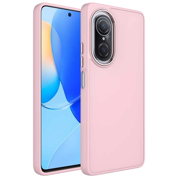 Huawei Nova 9 SE Kılıf Metal Çerçeve ve Buton Tasarımlı Silikon Zore Luna Kapak Lyon Tech  Pembe