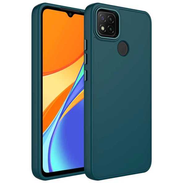 Xiaomi Redmi 9C Kılıf Metal Çerçeve ve Buton Tasarımlı Silikon Zore Luna Kapak Lyon Tech  Koyu Yeşil