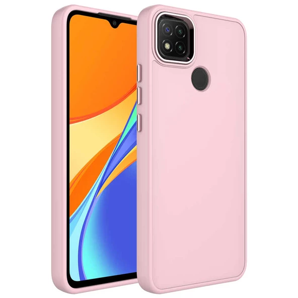 Xiaomi Redmi 9C Kılıf Metal Çerçeve ve Buton Tasarımlı Silikon Zore Luna Kapak Lyon Tech  Pembe