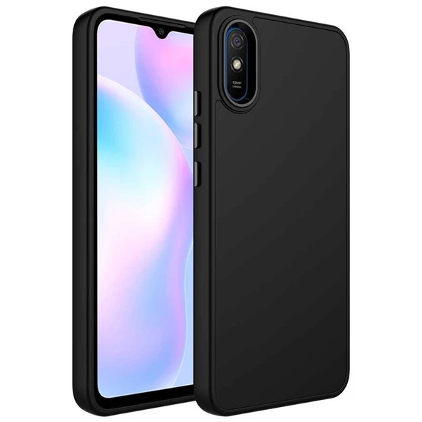 Xiaomi Redmi 9A Kılıf Metal Çerçeve ve Buton Tasarımlı Silikon Zore Luna Kapak Lyon Tech  Siyah