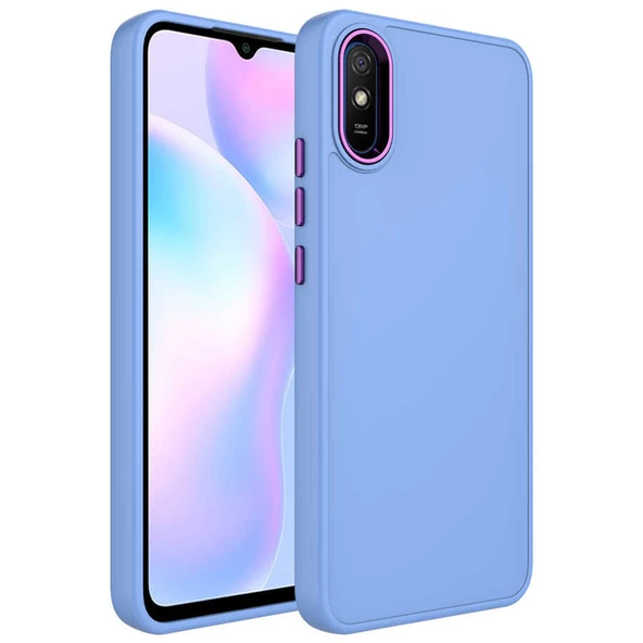 Xiaomi Redmi 9A Kılıf Metal Çerçeve ve Buton Tasarımlı Silikon Zore Luna Kapak Lyon Tech  Lila