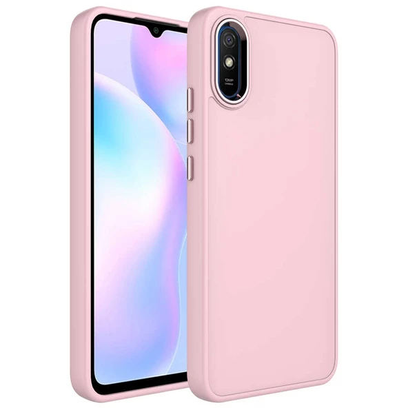 Xiaomi Redmi 9A Kılıf Metal Çerçeve ve Buton Tasarımlı Silikon Zore Luna Kapak Lyon Tech  Pembe