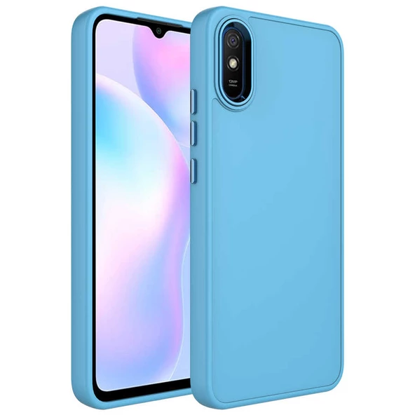 Xiaomi Redmi 9A Kılıf Metal Çerçeve ve Buton Tasarımlı Silikon Zore Luna Kapak Lyon Tech  Sierra Mavi