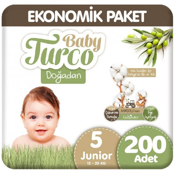Baby Turco Doğadan 5 Beden Junior 200'lü Bebek Bezi