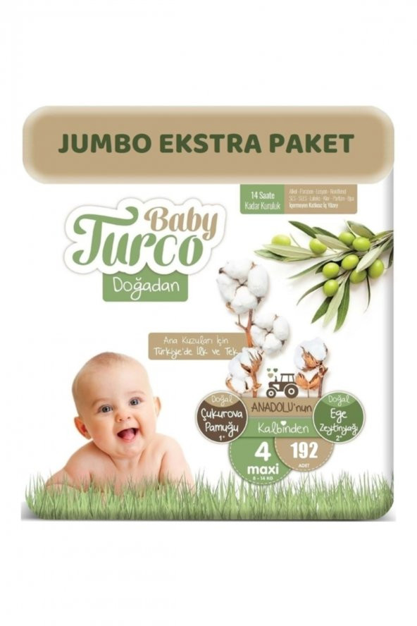Baby Turco Doğadan 4 Beden Maxi 192'li Bebek Bezi
