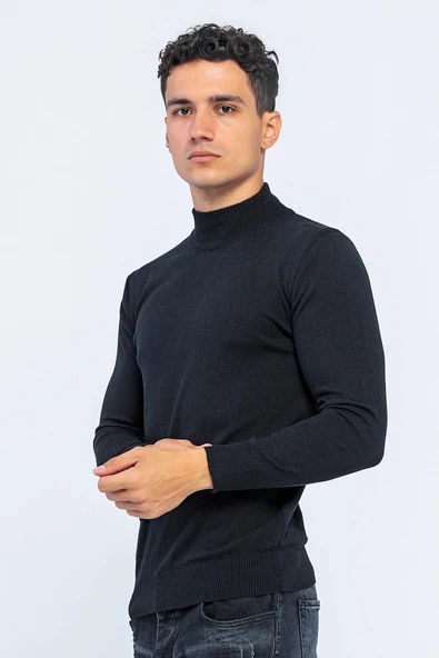 Erkek Slim Fit Düz Renk Balıkçı Yaka Boğazlı Kazak - 4