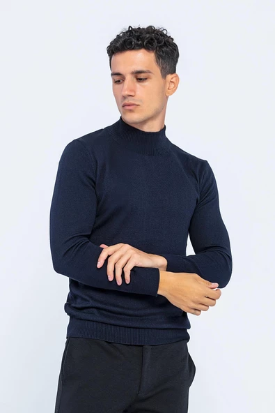Erkek Slim Fit Düz Renk Balıkçı Yaka Boğazlı Kazak - 10