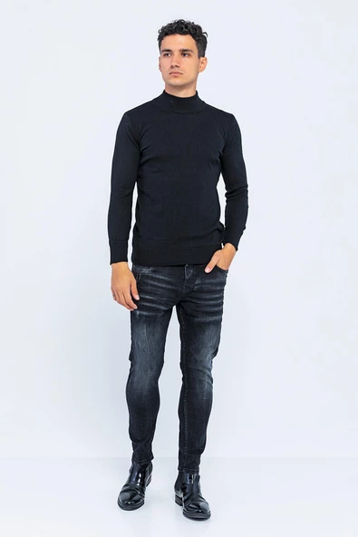 Erkek Slim Fit Düz Renk Balıkçı Yaka Boğazlı Kazak - 8