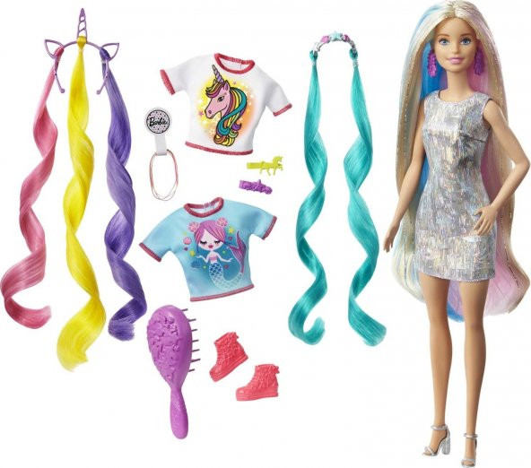 Barbie Rengarenk Saçlar Bebeği, Aksesuarlar, Saç Şekillendirme Parçaları İle GHN04