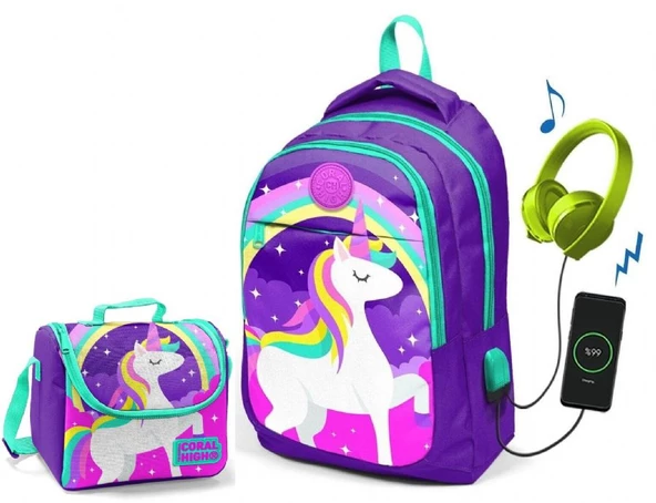 Coral High Kids Mor Unicorn Okul ve Beslenme Çantası - Kız Çocuk  - USB Soketli ürün görseli