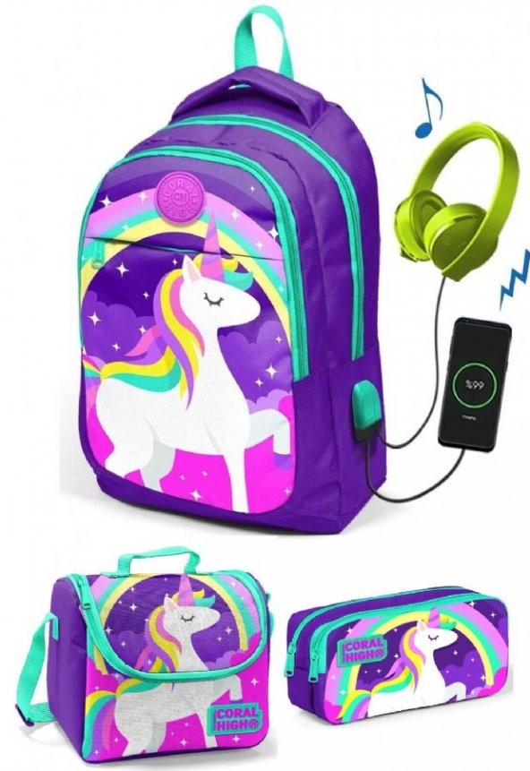 Coral High Kız Çocuk Mor Unicorn 3'lü Çanta Takımı - USB Soketli