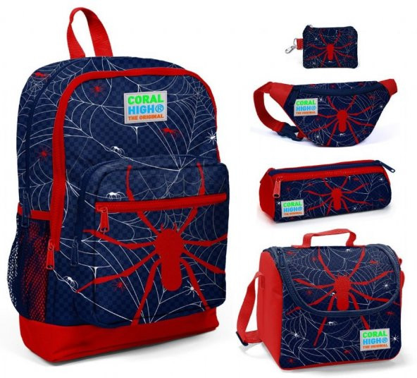Coral High Mavi-Kırmızı Örümcek Desenli 5'li İlkokul Çanta Seti ürün görseli