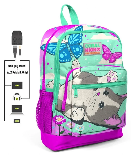 Coral High Sevimli Kedi ve Kelebek Kız Çocuk İlkokul Çanta Seti - USB Çıkışlı - Resim 2