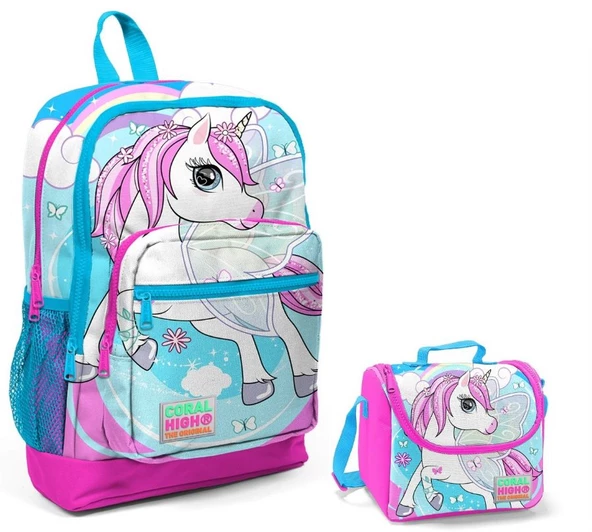 Coral High Mavi Unicorn Baskılı Kız Çocuk İlkokul Çantası ve Beslenme Seti
