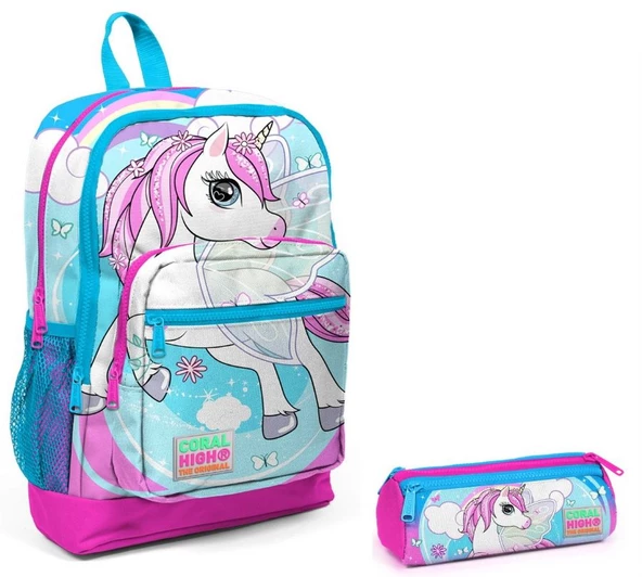 Coral High İlkokul Sırt Çantası ve Kalemlik Seti - Mavi Unicorn Baskılı