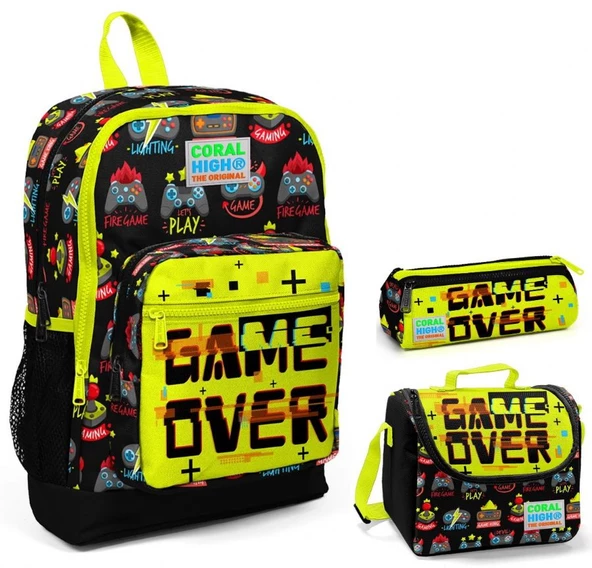 Coral High Game Over Baskılı Erkek Çocuk 3'lü İlkokul Çanta Seti