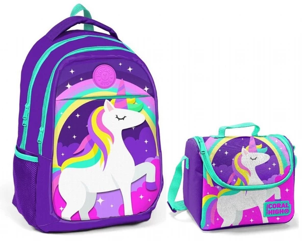 Coral High Kız Çocuk Mavi Unicorn Okul Sırt Çantası ve Beslenme Çantası ürün görseli