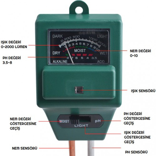 3lü Toprak Ph Ölçer Nem Ölçer Işık Ölçer Pilsiz Toprak Test Aleti A45 - 3