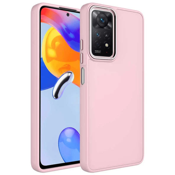 Xiaomi Redmi Note 11 Pro 5G Kılıf Metal Çerçeve ve Buton Tasarımlı Silikon Zore Luna Kapak Lyon Tech  Pembe