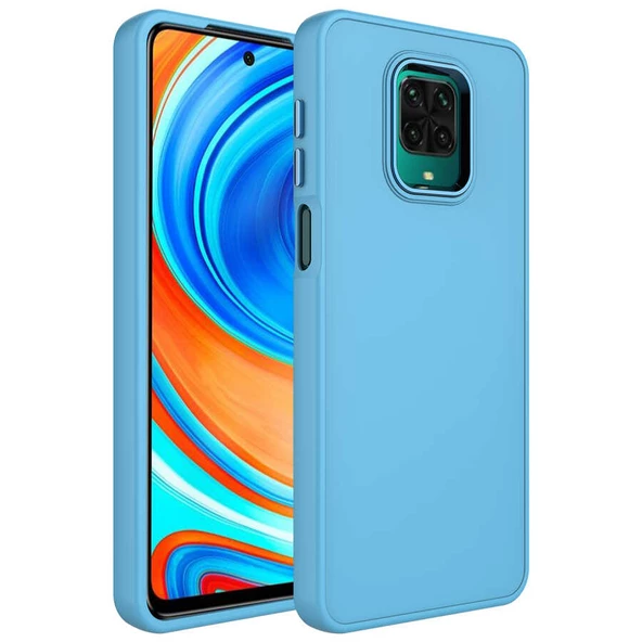 Xiaomi Redmi Note 9 Pro Kılıf Metal Çerçeve ve Buton Tasarımlı Silikon Zore Luna Kapak Lyon Tech  Sierra Mavi