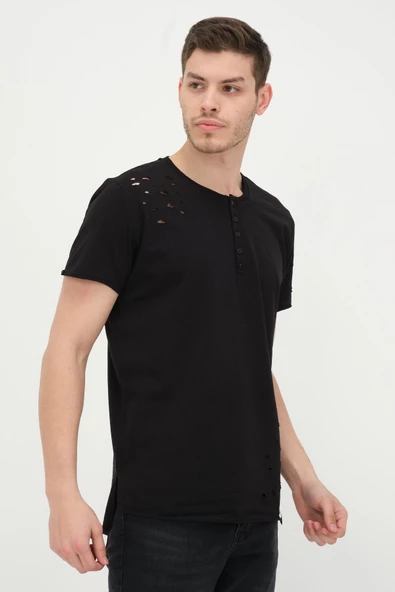 Erkek Düğmeli Yırtık Detaylı Kısa Kollu Basic T-shirt - 6
