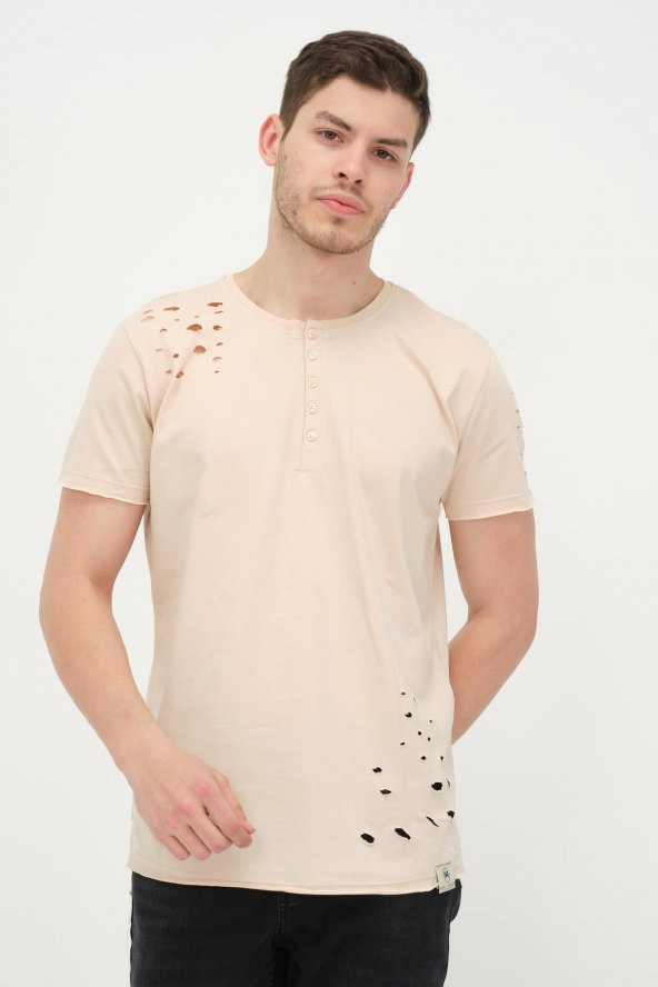 Erkek Düğmeli Yırtık Detaylı Kısa Kollu Basic T-shirt