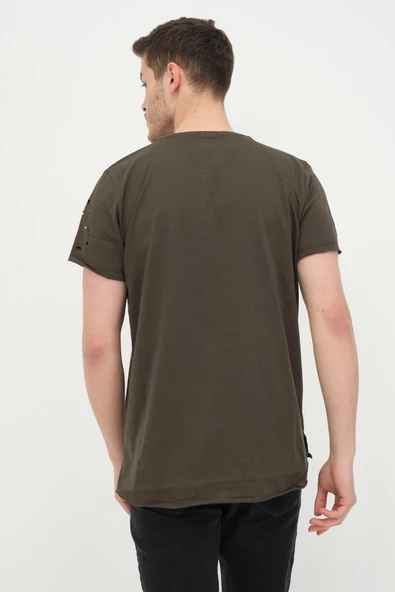 Erkek Düğmeli Yırtık Detaylı Kısa Kollu Basic T-shirt - 12