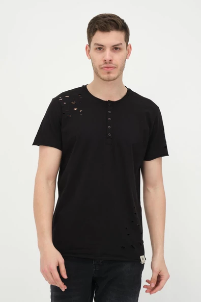 Erkek Düğmeli Yırtık Detaylı Kısa Kollu Basic T-shirt - 2