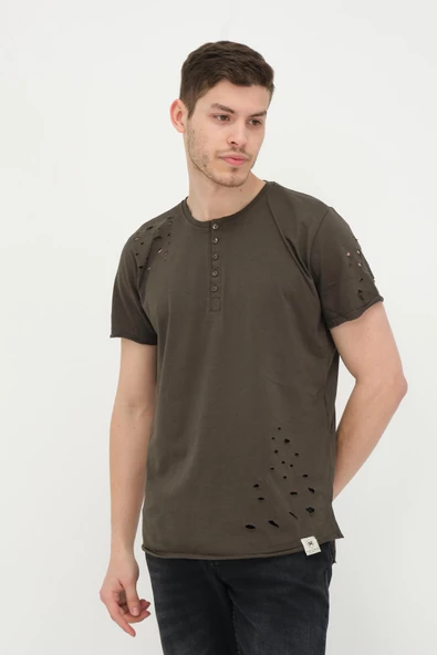 Erkek Düğmeli Yırtık Detaylı Kısa Kollu Basic T-shirt - 9
