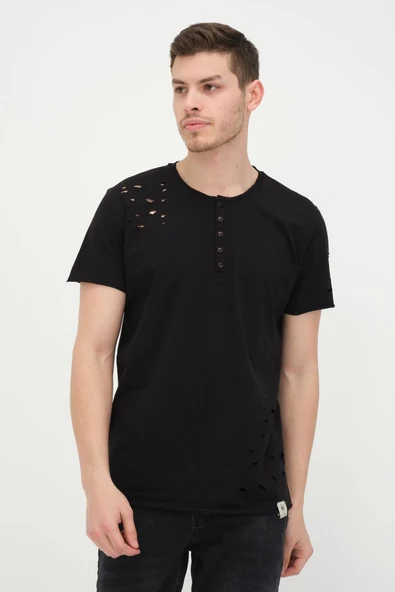 Erkek Düğmeli Yırtık Detaylı Kısa Kollu Basic T-shirt - 4