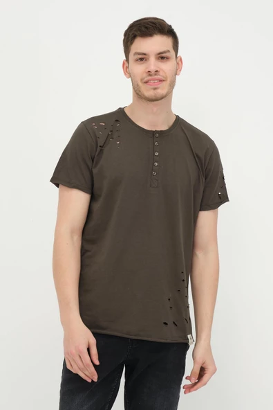 Erkek Düğmeli Yırtık Detaylı Kısa Kollu Basic T-shirt - 8