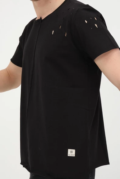 Erkek Asimetrik Yırtık Detaylı Bisiklet Yaka Kısa Kollu Basic T-Shirt - 7