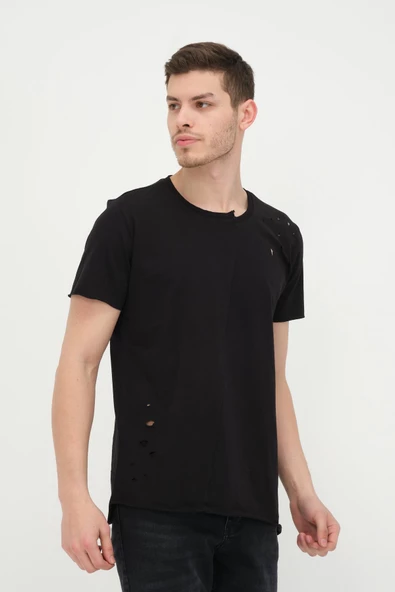 Erkek Asimetrik Yırtık Detaylı Bisiklet Yaka Kısa Kollu Basic T-Shirt - 5