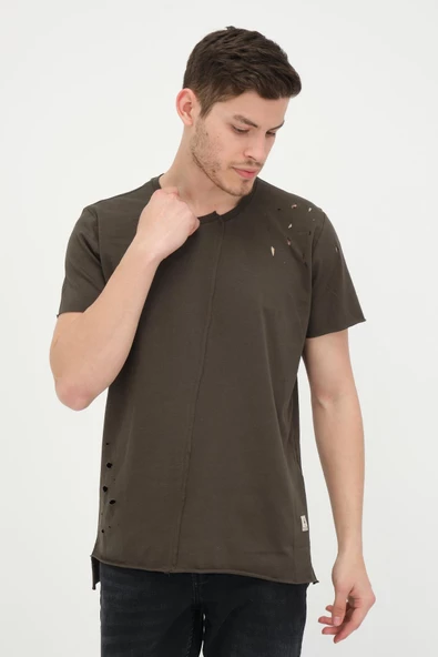 Erkek Asimetrik Yırtık Detaylı Bisiklet Yaka Kısa Kollu Basic T-Shirt - 10