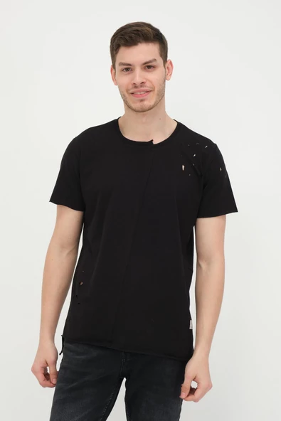 Erkek Asimetrik Yırtık Detaylı Bisiklet Yaka Kısa Kollu Basic T-Shirt - 2