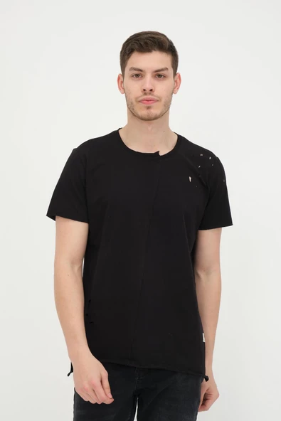 Erkek Asimetrik Yırtık Detaylı Bisiklet Yaka Kısa Kollu Basic T-Shirt - 3