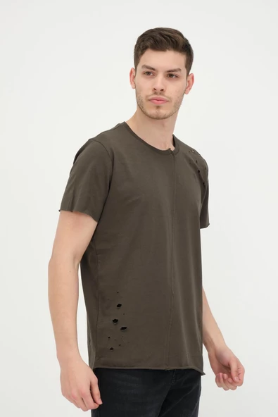 Erkek Asimetrik Yırtık Detaylı Bisiklet Yaka Kısa Kollu Basic T-Shirt - 12