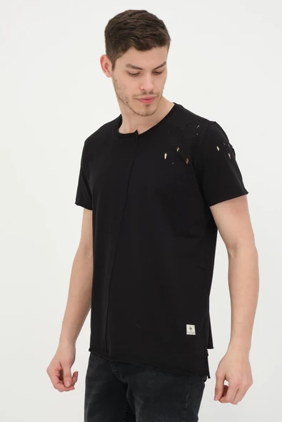 Erkek Asimetrik Yırtık Detaylı Bisiklet Yaka Kısa Kollu Basic T-Shirt - 4