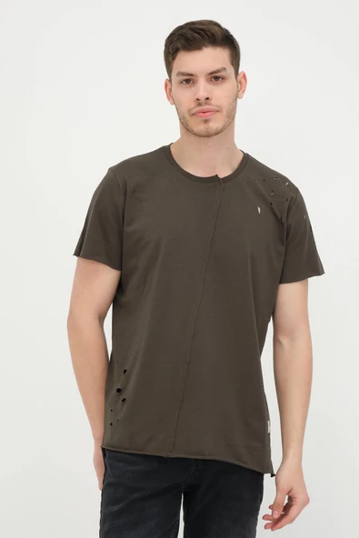 Erkek Asimetrik Yırtık Detaylı Bisiklet Yaka Kısa Kollu Basic T-Shirt - 9