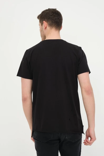 Erkek Asimetrik Yırtık Detaylı Bisiklet Yaka Kısa Kollu Basic T-Shirt - 6