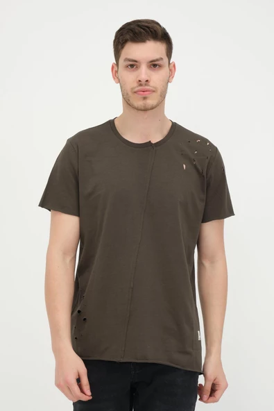 Erkek Asimetrik Yırtık Detaylı Bisiklet Yaka Kısa Kollu Basic T-Shirt - 8