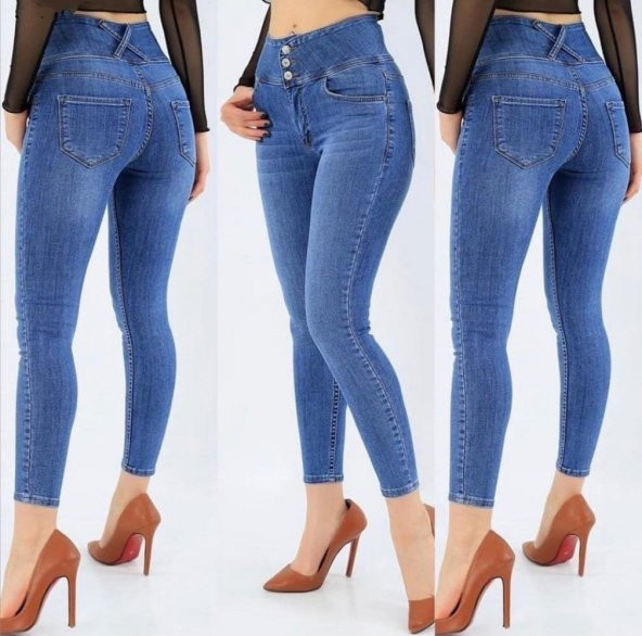 Yüksek Bel Likralı Jean Pantolon 90 Cm  Mavi S - 1