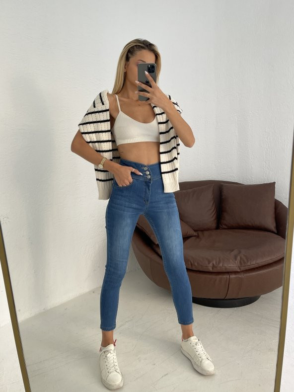 Yüksek Bel Likralı Jean Pantolon 90 Cm  Mavi S - 6