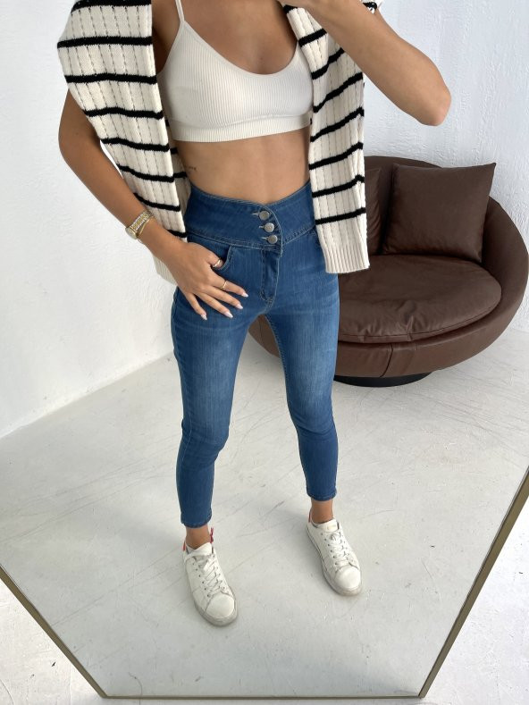 Yüksek Bel Likralı Jean Pantolon 90 Cm  Mavi S - 7