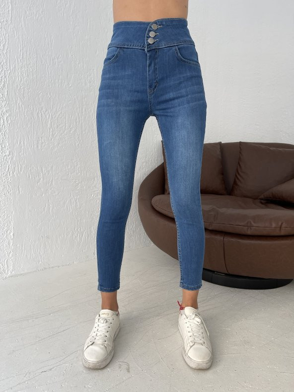Yüksek Bel Likralı Jean Pantolon 90 Cm  Mavi S - 8